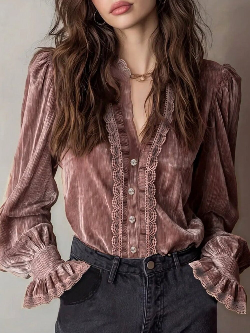 Watermelon Pink Elegant Women's Ruffle Trim Long Sleeve Blouse - Picture 1 of 6